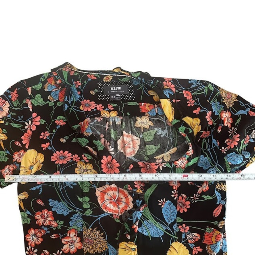 Anthropologie Maeve Black Floral Collared Shirt Button Short Sleeve Mini Dress 0 - Picture 3 of 5